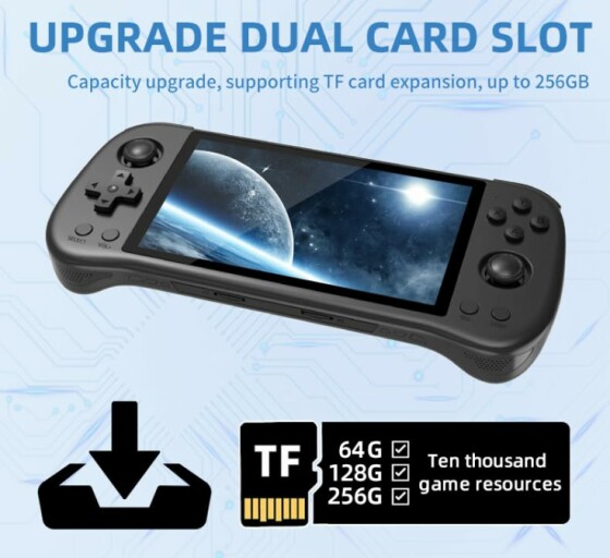 X55 Handheld Game Console with a carrying case and a controller.