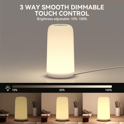 Touch lamp on desk with laptop and coffee cup.