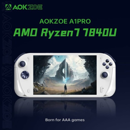 AOKZOE A1 Pro handheld gaming console showcasing its sleek design.