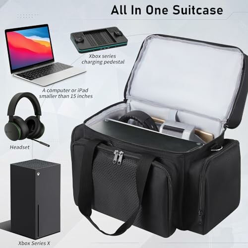 All in one suitcase with laptop, Xbox Series X, headset, and charging pedestal.