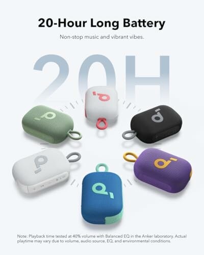 Anker speakers with 20-hour battery life in various colors.