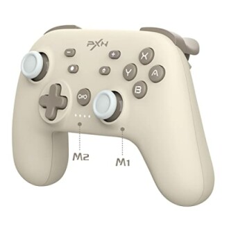 Beige gaming controller with buttons and joysticks