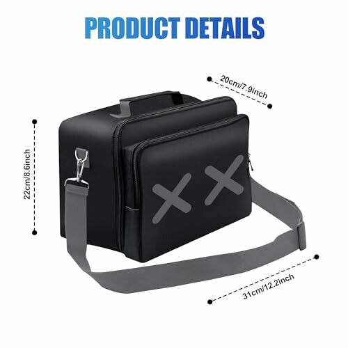 Black travel bag with adjustable strap and cross design.