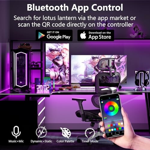 LED-lit gaming room with app control on smartphone.