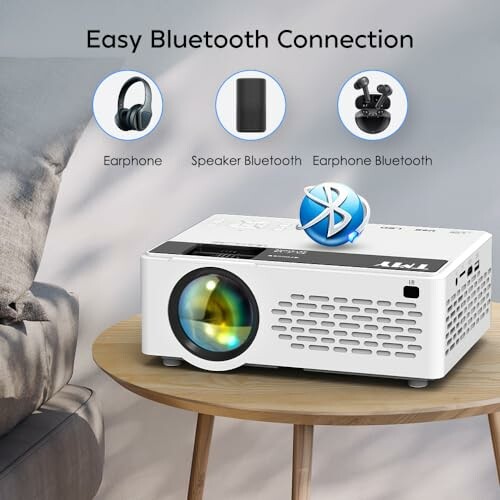 Projector with Bluetooth connection options for earphones and speakers.