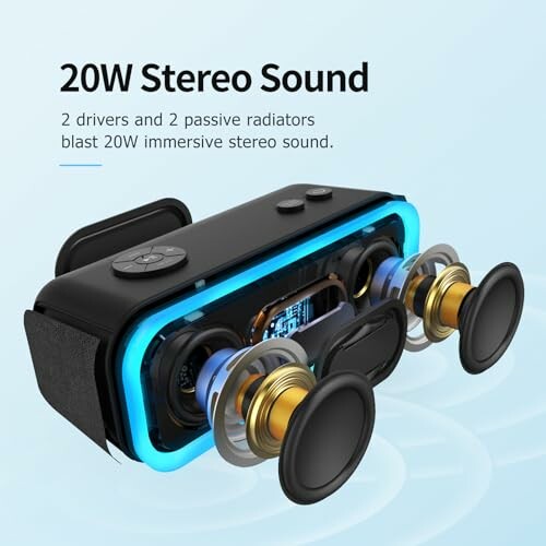 Exploded view of a Bluetooth speaker showing 20W stereo sound components.