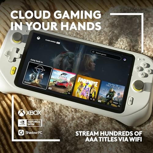 Logitech G Cloud Handheld Portable Gaming Console displaying cloud gaming interface with game selection