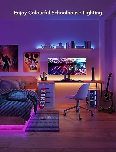 Bedroom with colorful lighting, gaming setup, and guitar.