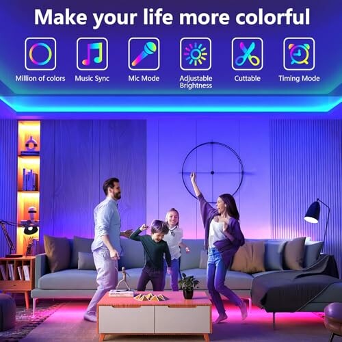 Family enjoying colorful LED strip lights in living room.