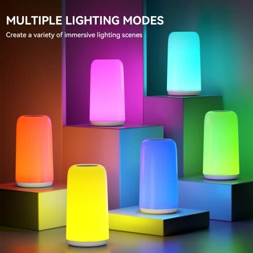 Colorful lamps displaying multiple lighting modes on stacked platforms.