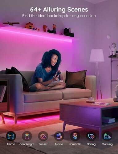 Person sitting on a couch in a room with purple LED lighting, holding a game controller.