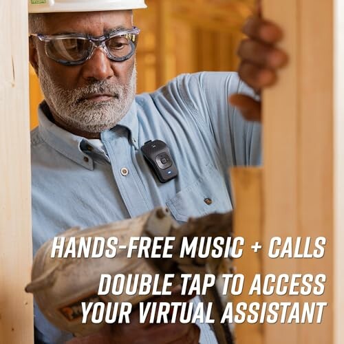 Construction worker using power tool with headset for hands-free calls and virtual assistant access.