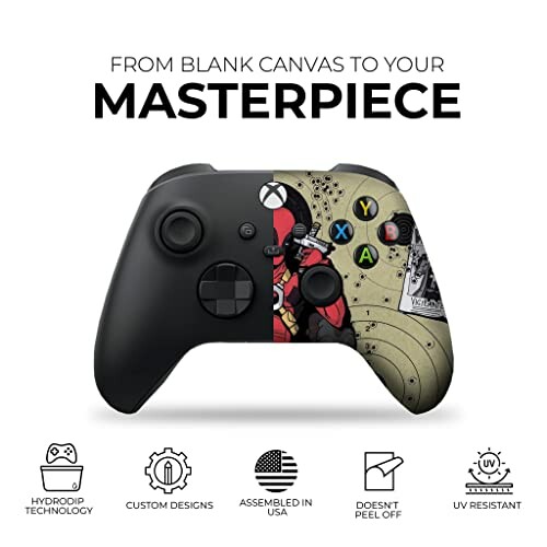 Customized Xbox controller with artistic design, featuring hydrodip technology and UV resistance.