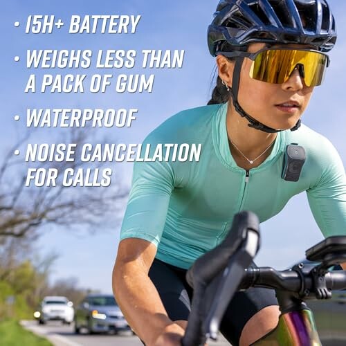 Cyclist wearing a gadget with features listed.