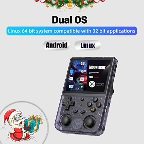 Handheld gaming console with dual OS, featuring Android and Linux compatibility.