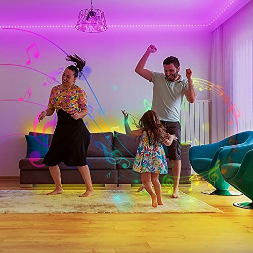 Family dancing joyfully in a colorful living room.