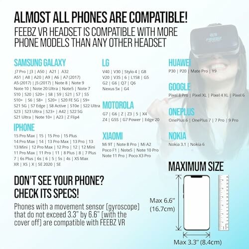 Feebz VR headset compatibility with various phone models and maximum phone size.