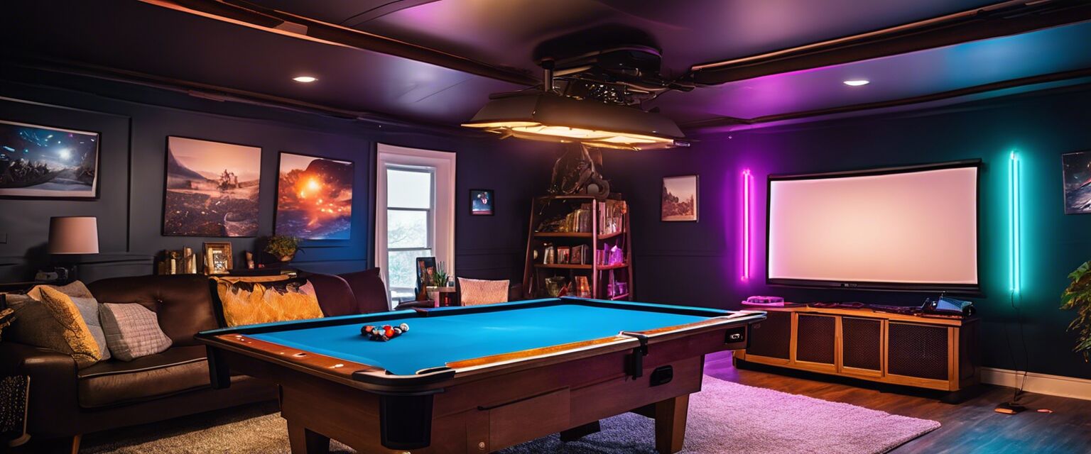 Game room with portable projector and LED lighting