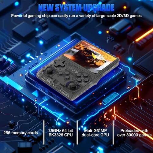 Gaming chip with handheld console on circuit board, highlighting system upgrade features.