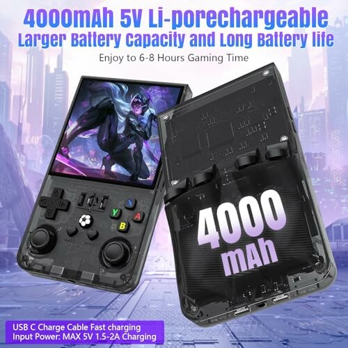 Handheld gaming console with 4000mAh battery and long gaming time.