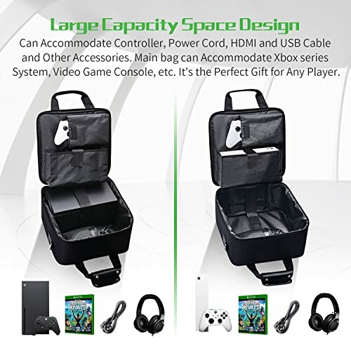 Carrying case for Xbox with accessories like controller, power cord, HDMI, USB cable, and games.