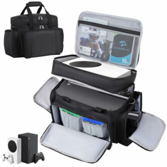 Carrying case with compartments for gaming console, controllers, and accessories.
