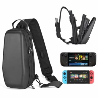 Sling bag for gaming consoles with compartments and two handheld consoles.
