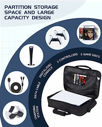 Gaming console storage bag with accessories and game discs