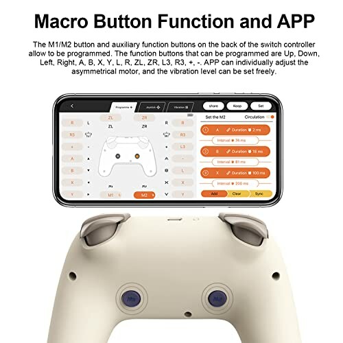 Gaming controller with smartphone app showing macro button functions.