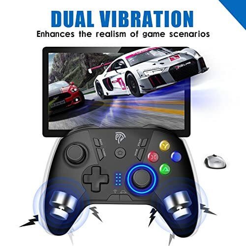 Gaming controller with dual vibration feature and racing game display.