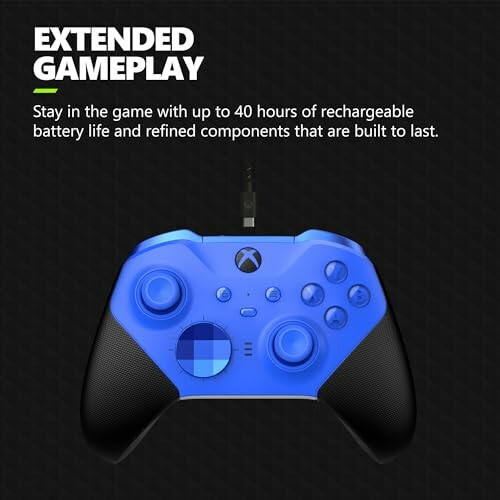 Blue gaming controller with extended gameplay features.