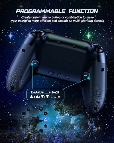 Back view of a gaming controller with programmable function buttons and cosmic background.