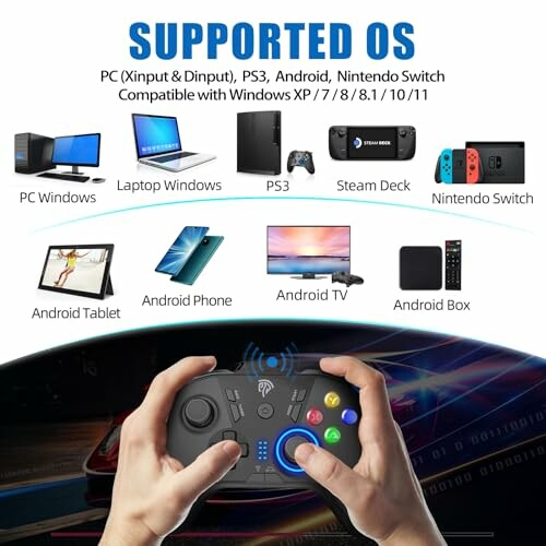 Gaming controller compatible with PC, PS3, Android, Nintendo Switch, and more.