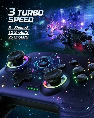 Gaming controller with turbo speed settings and futuristic design