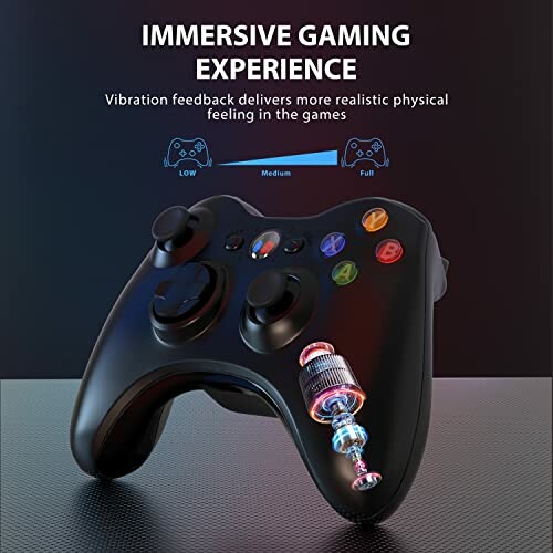 Gaming controller showcasing immersive vibration feedback with intensity scale.