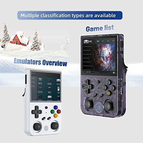 Two handheld game consoles with emulators and game list.