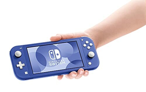 Hand holding a blue Nintendo Switch Lite gaming console.