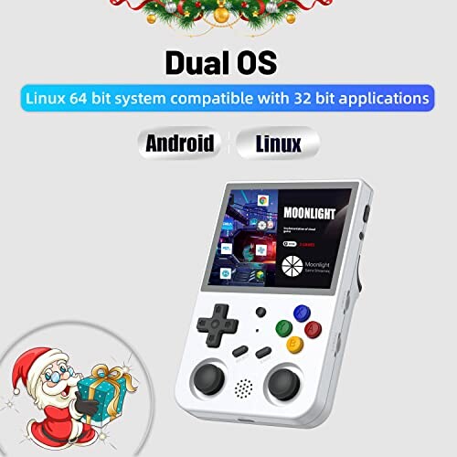 Handheld gaming console with dual OS, Android and Linux.
