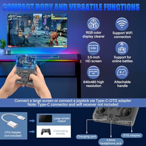 Handheld gaming console with RGB display, WiFi support, and various connectivity options.
