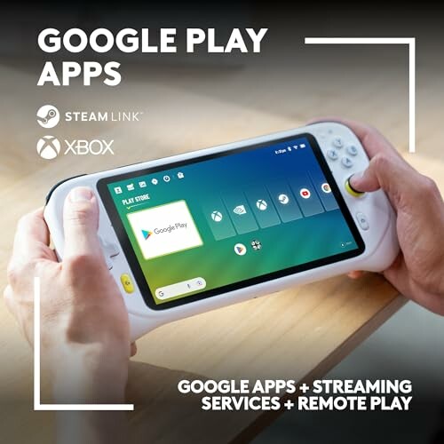Handheld gaming console with Google Play apps displayed