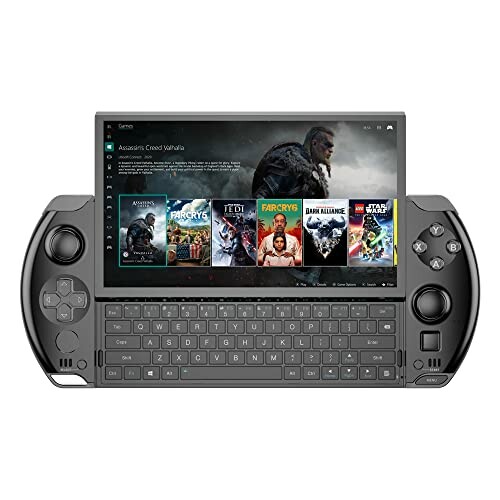Handheld gaming console with keyboard and screen displaying game selection.