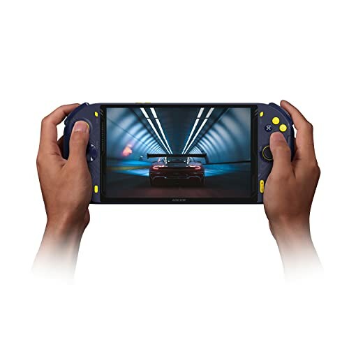Hands holding a gaming console with a racing game on screen