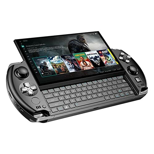 Handheld gaming console with integrated keyboard and screen displaying game library.