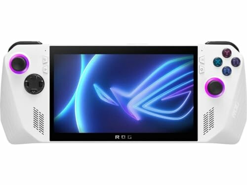 White handheld gaming console with colorful screen.