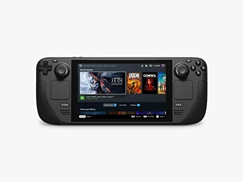 Handheld gaming console with screen displaying game library.