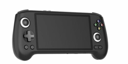 Black handheld gaming console with screen and controls