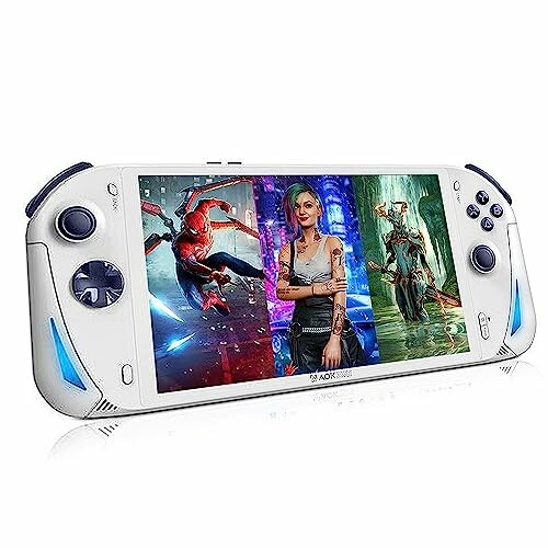 White handheld gaming console with colorful game characters on screen.