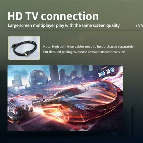 HD TV connection with gaming image and HDMI cable.