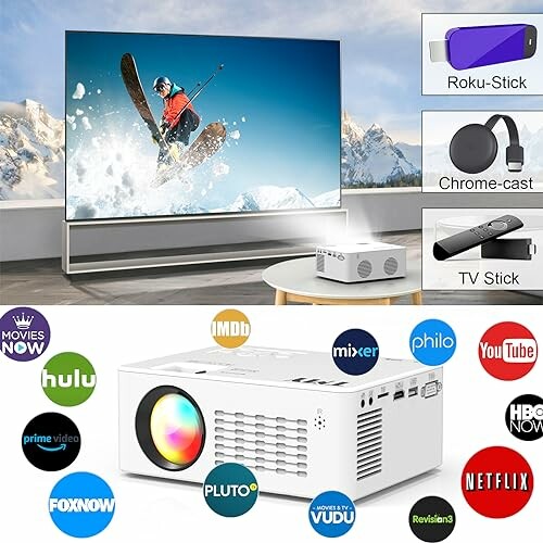 Home theater projector with streaming device options displayed.
