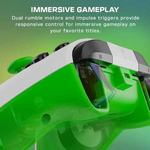 Close-up of a green and white gaming controller with text about immersive gameplay.